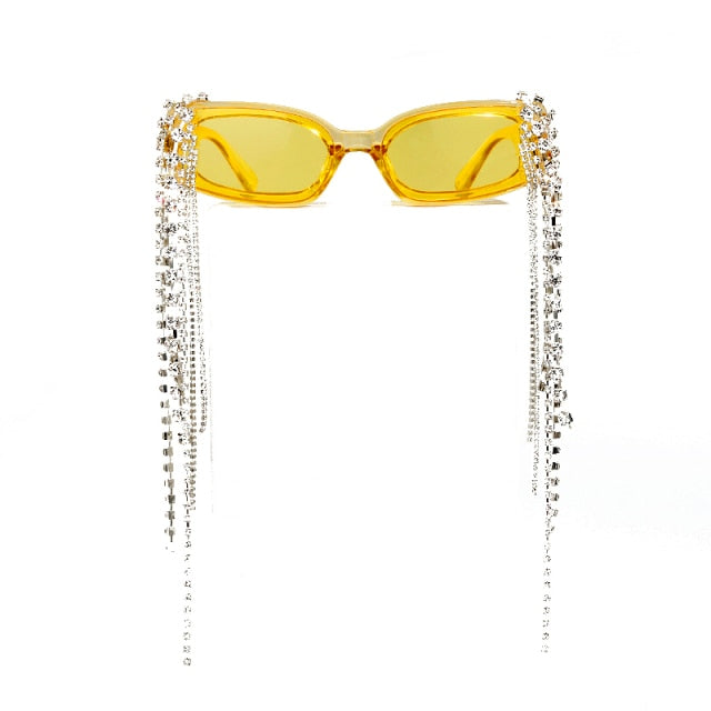 Flowing tassel women's sunglasses with exquisite rhinestones and protective UV400 polycarbonate lenses.