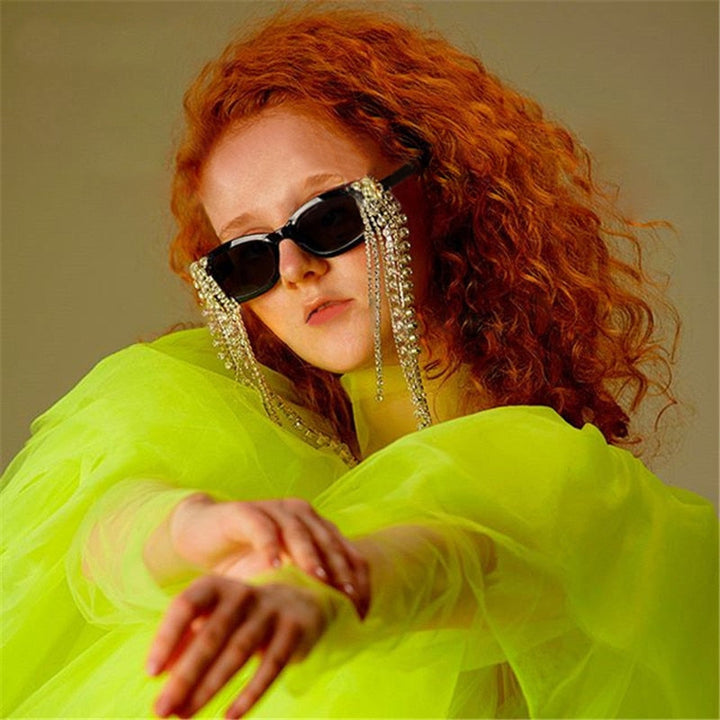 Chic women's rhinestone tassel sunglasses, plastic frame, gradient UV400 polycarbonate lenses, fashion eyewear.