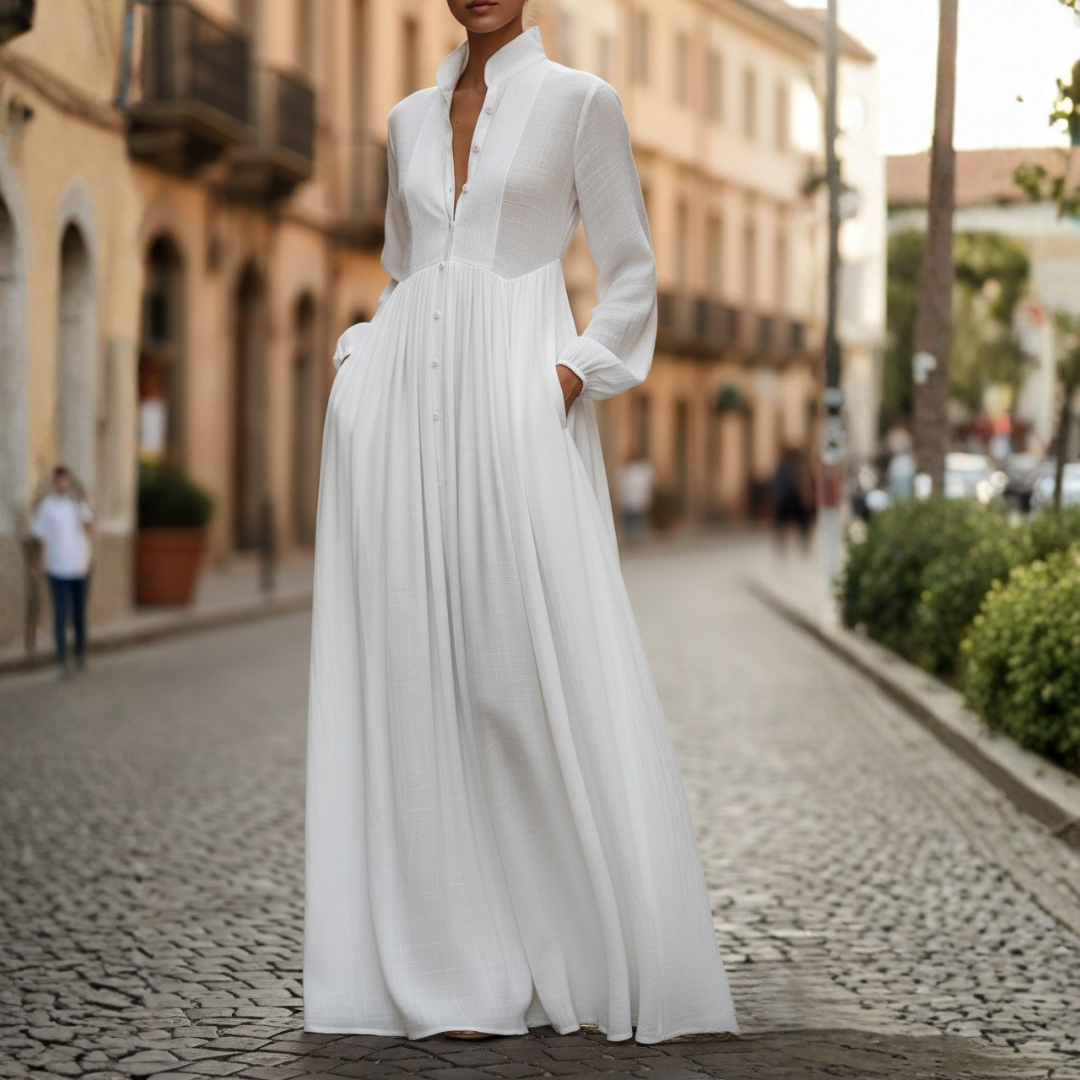 Women's taupe patchwork maxi dress with high neck & long sleeves. Elegant & versatile women's fashion.