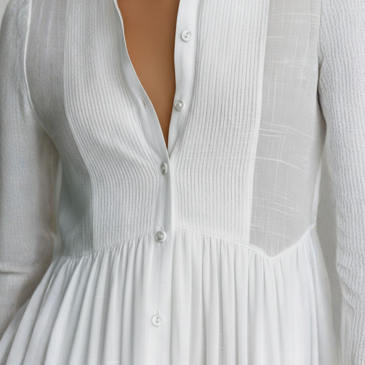 High neck long sleeve patchwork maxi dress for women. Stylish & comfortable taupe seasonal dress.