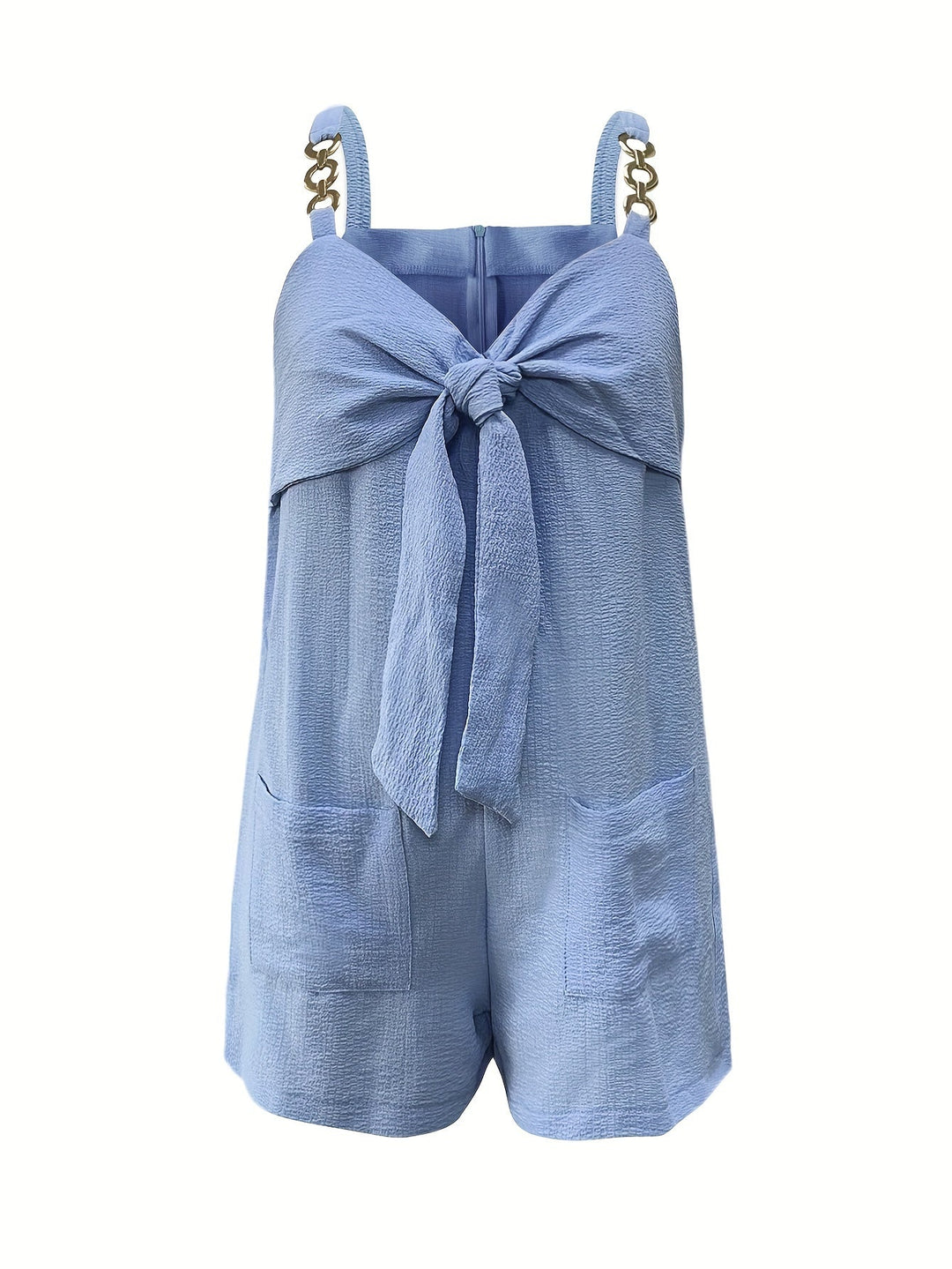 Trendy women's summer romper: textured fabric, cute bow front, & modern chain details.