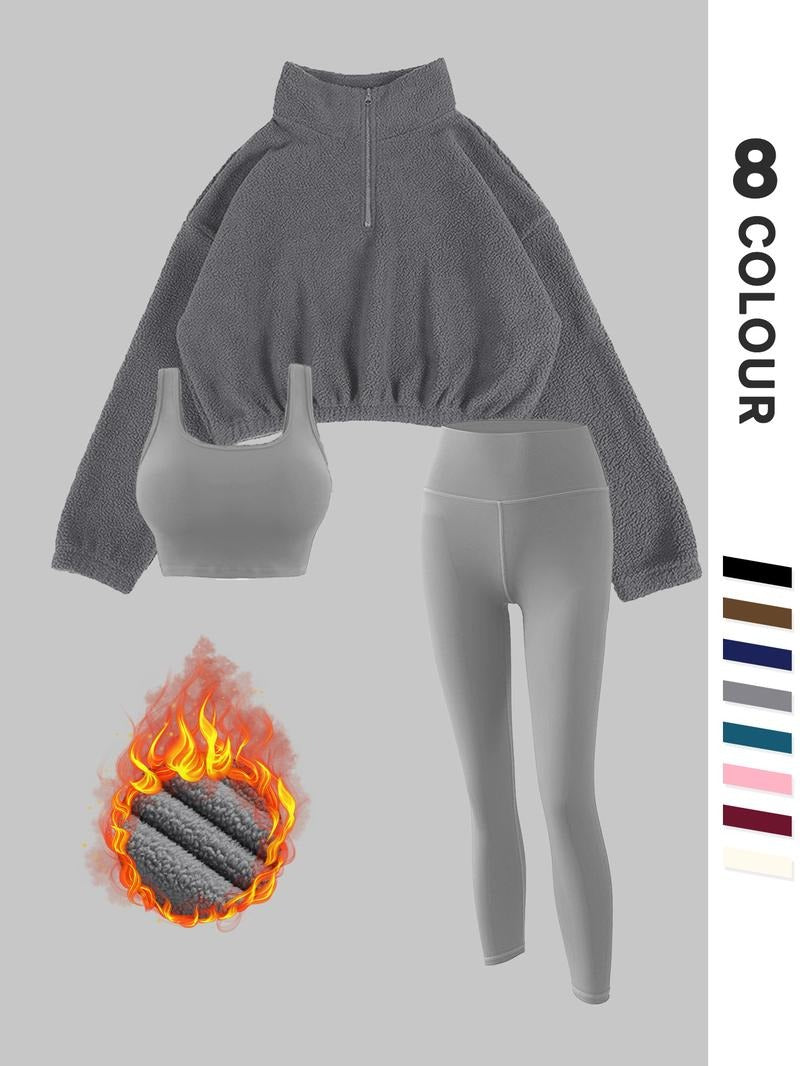 Warm women's 3-piece fleece set including top, jacket & leggings, great for cold weather.
