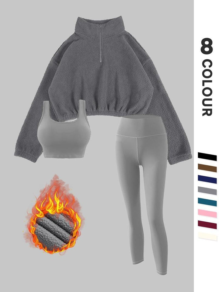 Warm women's 3-piece fleece set including top, jacket & leggings, great for cold weather.