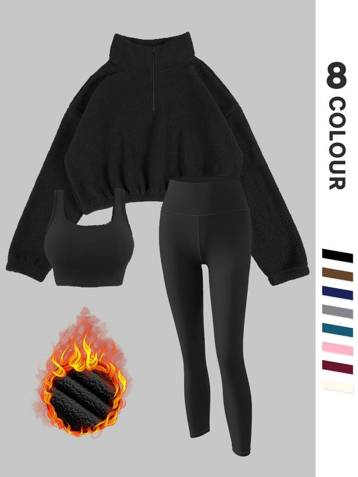 Women's thermal fleece 3-piece loungewear set, comfy & stylish for home or light activity.