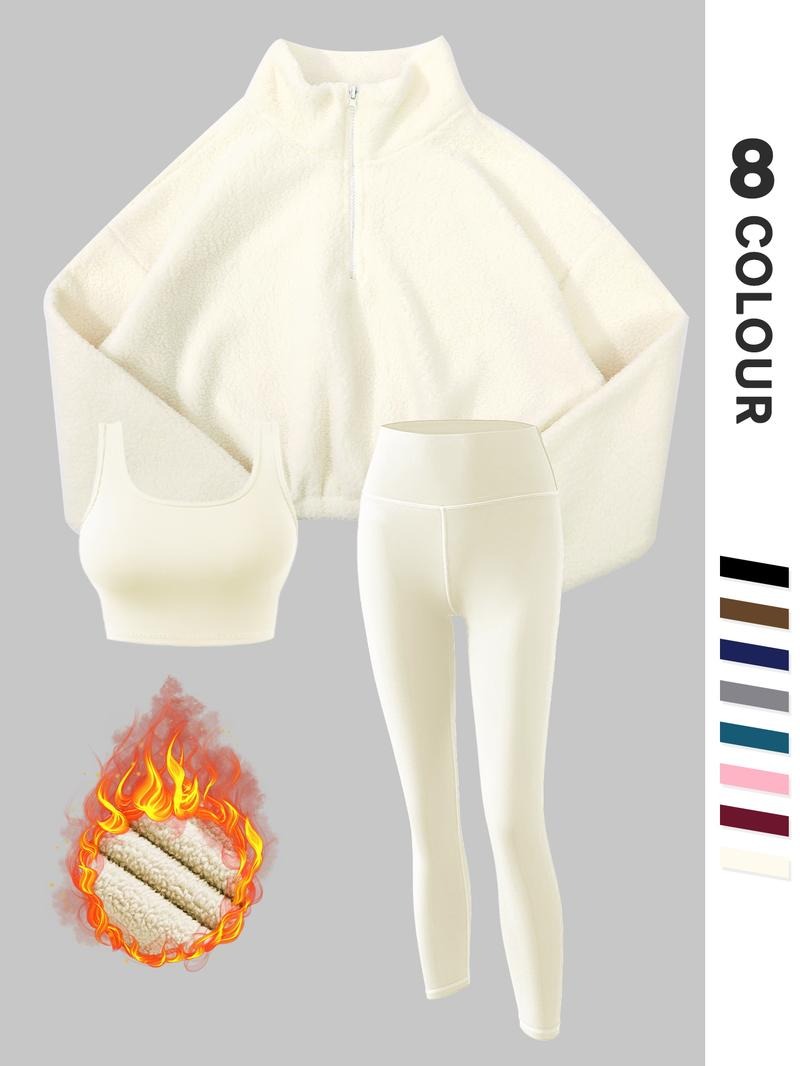 Soft fleece 3-piece women's outfit with thermal leggings & top, designed for warmth and movement.