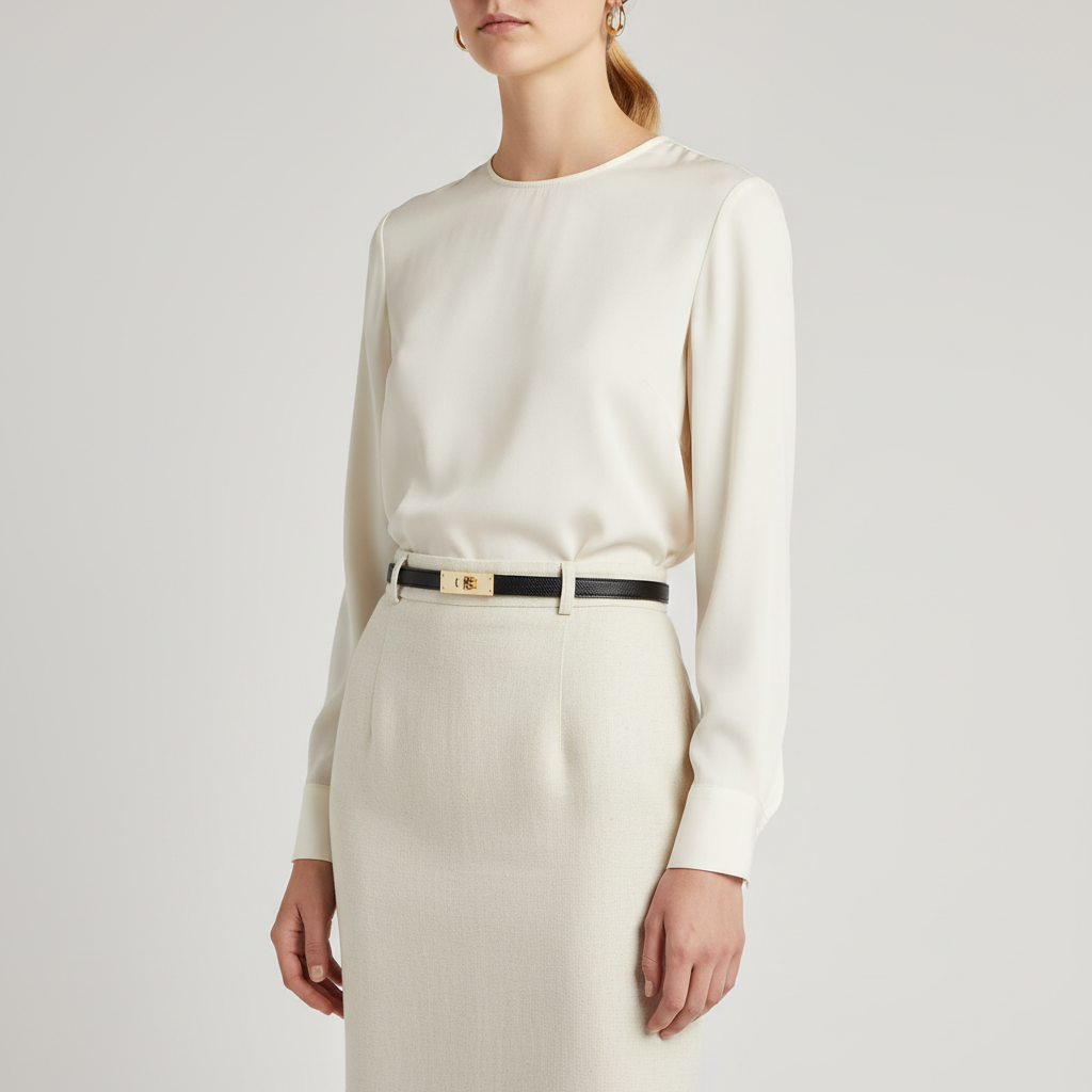 Slim brown leather waist belt for women, featuring a minimalist design and gold-tone buckle.