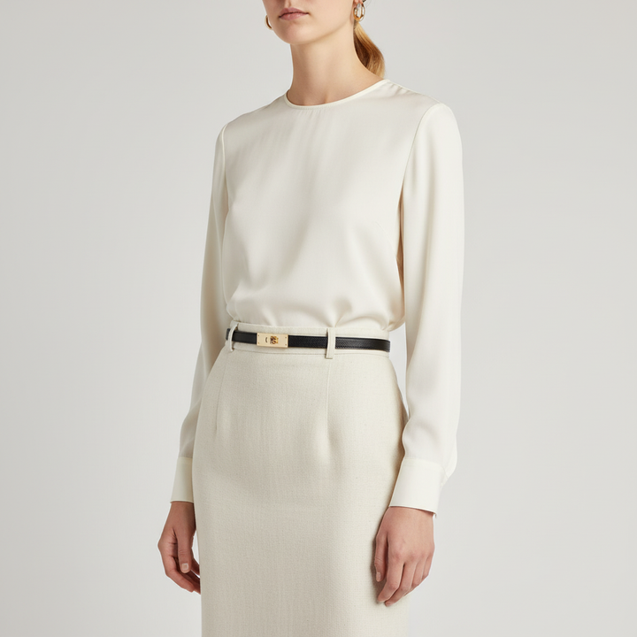 Slim brown leather waist belt for women, featuring a minimalist design and gold-tone buckle.