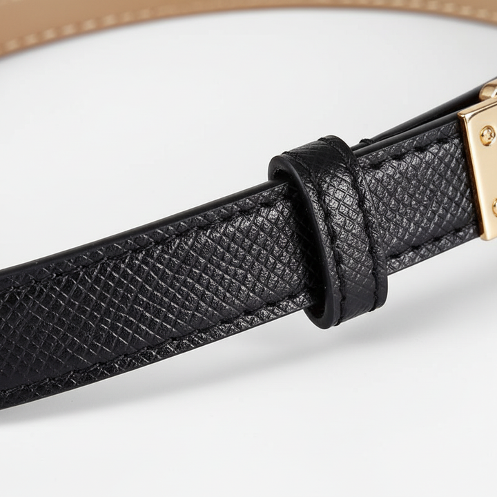 Fashionable women's adjustable leather dress belt in white, with a sleek gold rectangular buckle.