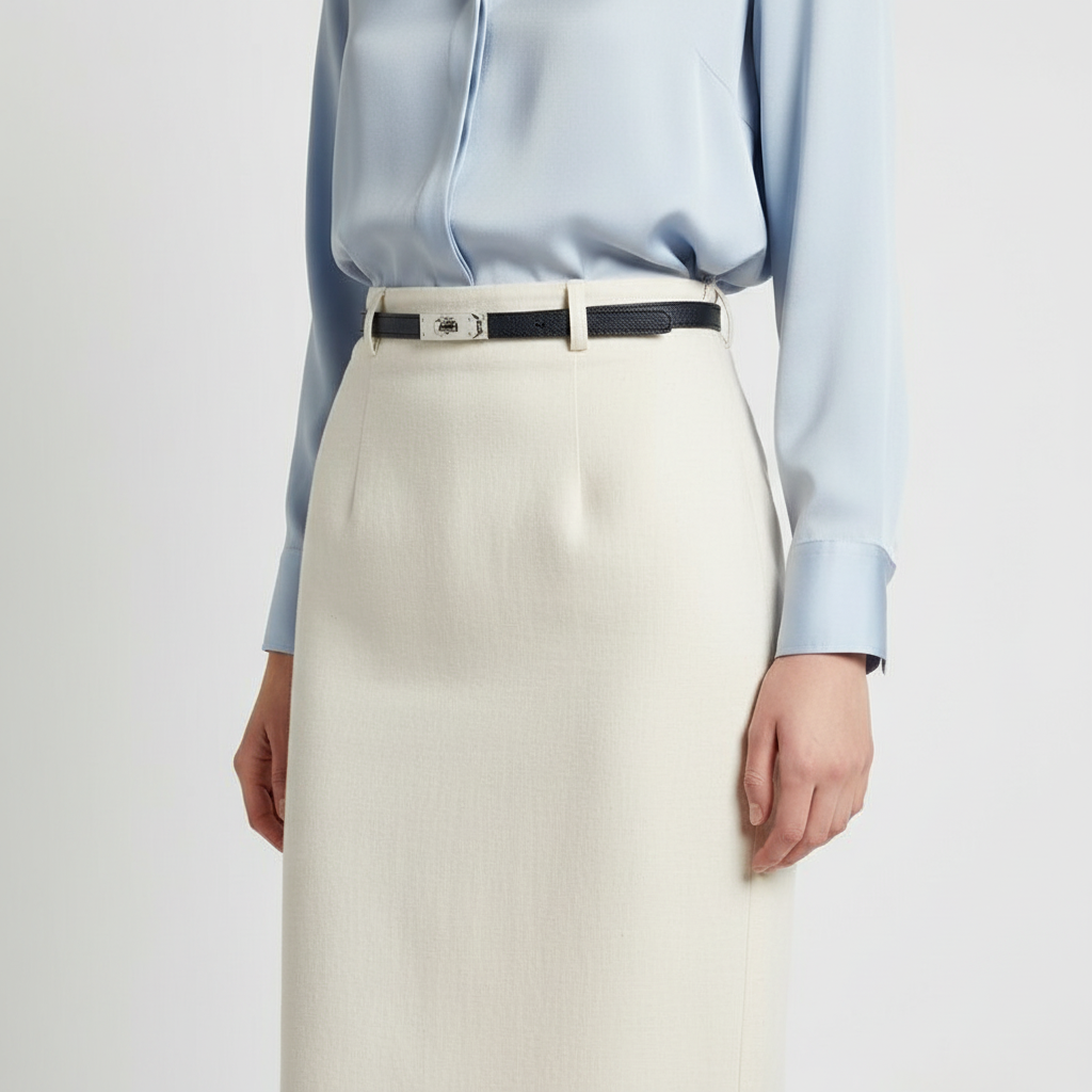 Stylish women's minimalist leather belt in beige, an adjustable waist accessory with a shiny gold buckle.