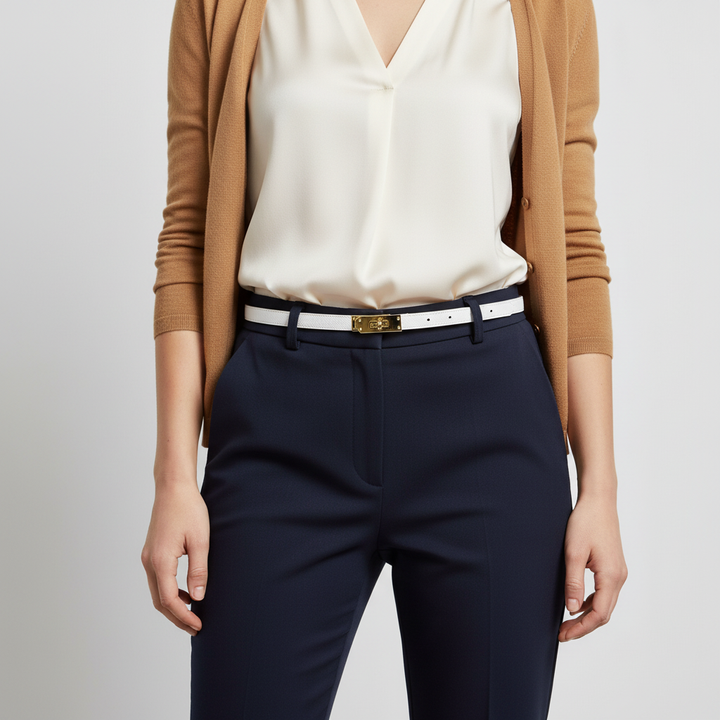 Women's slim blue leather belt, adjustable for a perfect fit, featuring a chic gold fastening.