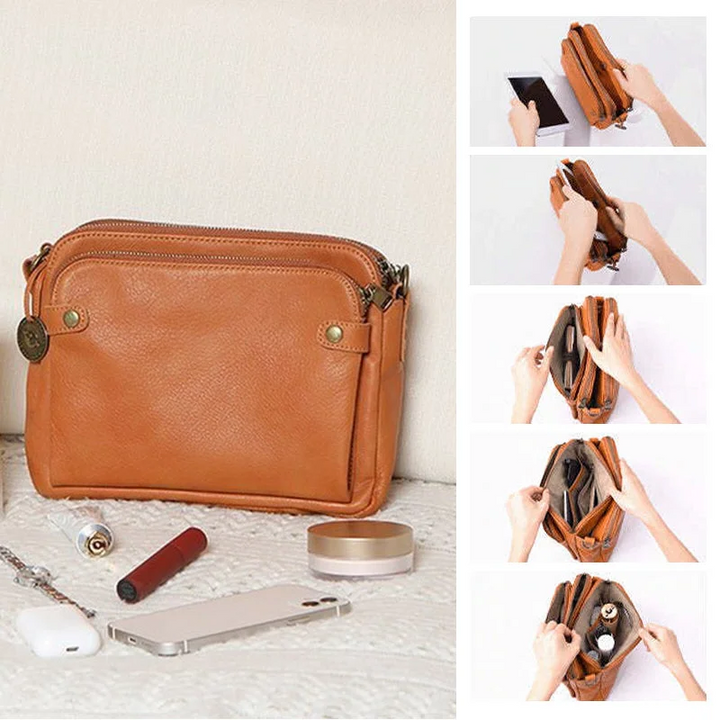 Compact women's three-layer PU leather crossbody bag. Converts to shoulder purse or clutch. Great for daily use.
