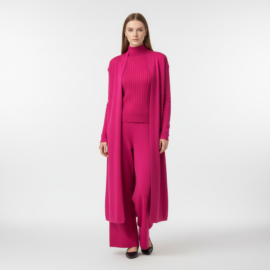 Flora women's apparel: a stylish three-piece lounge set, versatile for daily wear and comfort.