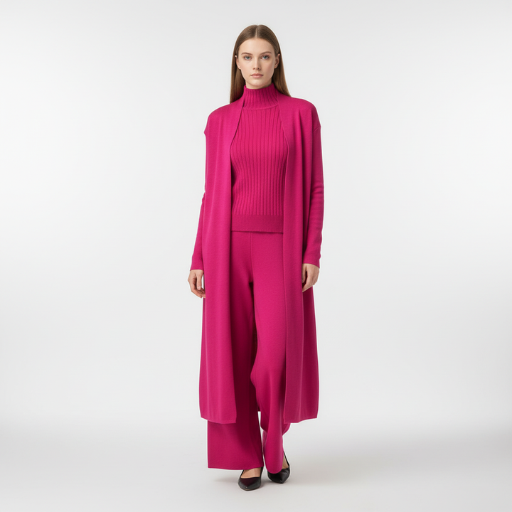 Flora women's apparel: a stylish three-piece lounge set, versatile for daily wear and comfort.