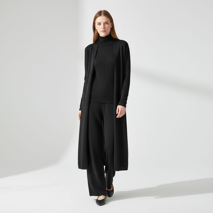 Soft women's three-piece loungewear featuring a vest, pants, and matching jacket for comfort.