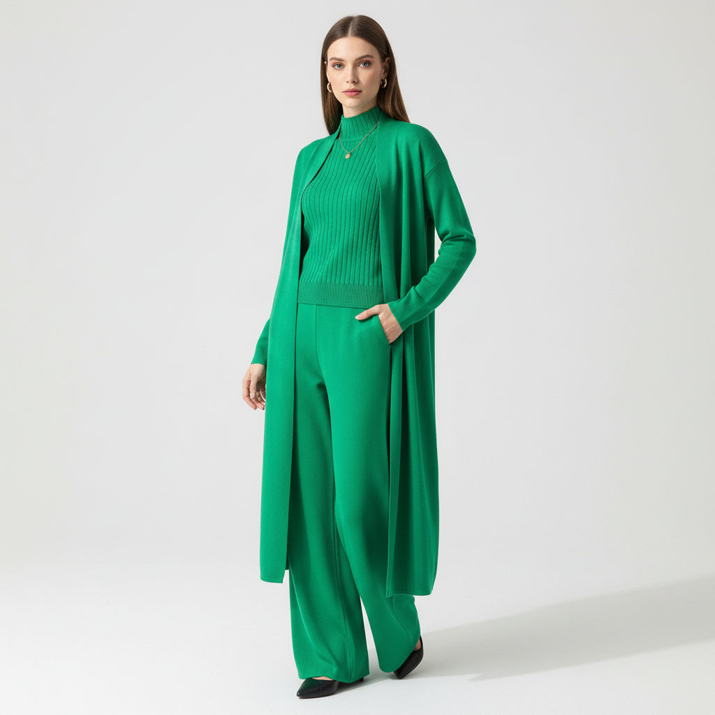 Women's Flora three-piece relax wear set, combining a vest, pants, and top for cozy lounging.