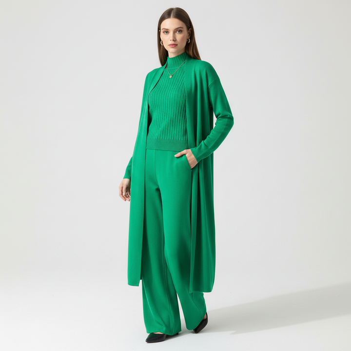 Women's Flora three-piece relax wear set, combining a vest, pants, and top for cozy lounging.