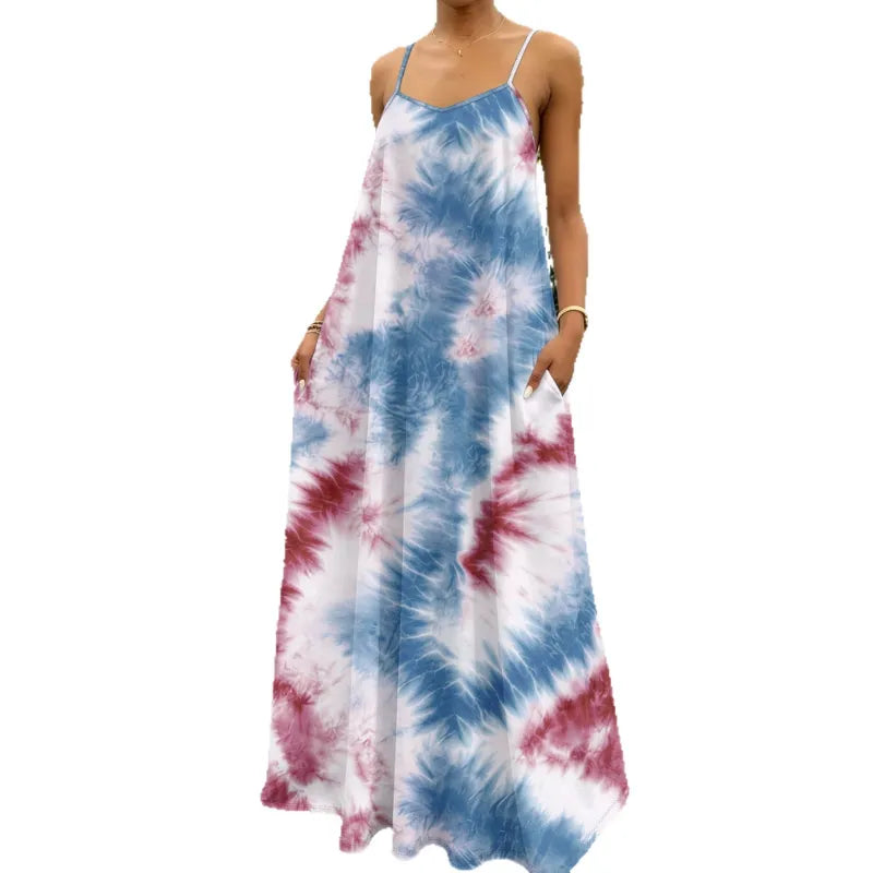 Casual tie-dye strappy maxi dress for women. Sleeveless & flowy, offering effortless style & comfort for beach or summer.