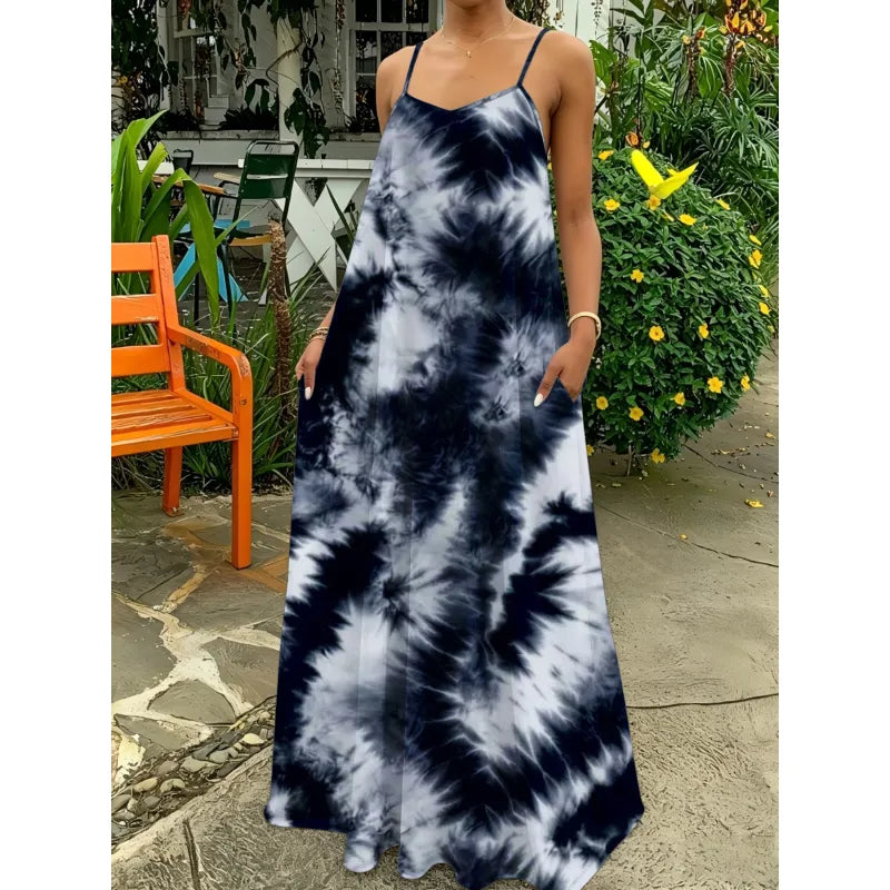 Plus size women's tie-dye maxi dress with strappy v-neck. Versatile sleeveless summer dress for casual or vacation wear.