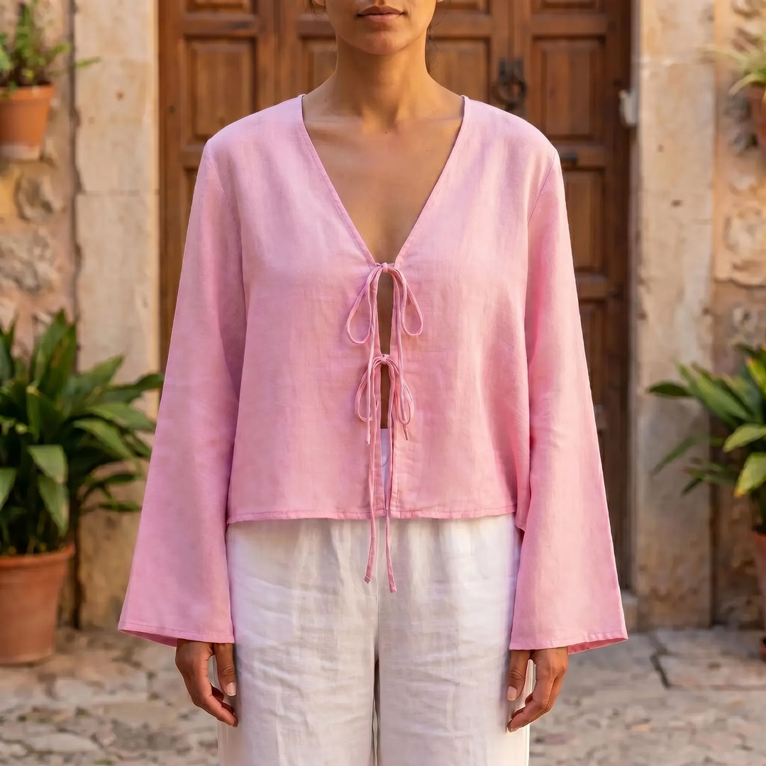 Women's tie-front blouse, perfect for casual summer fashion. Lightweight & relaxed fit long-sleeve top for ladies.