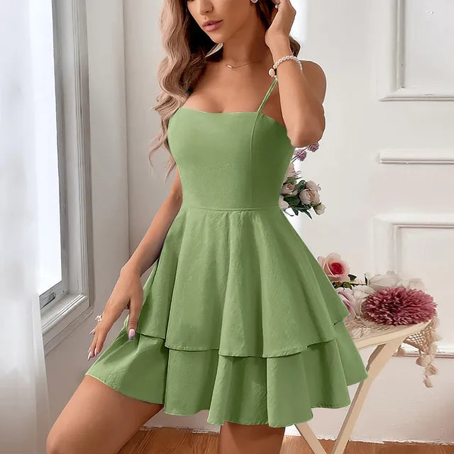 Stylish women's A-line tiered mini dress, perfect as a homecoming, party, or special occasion summer dress.