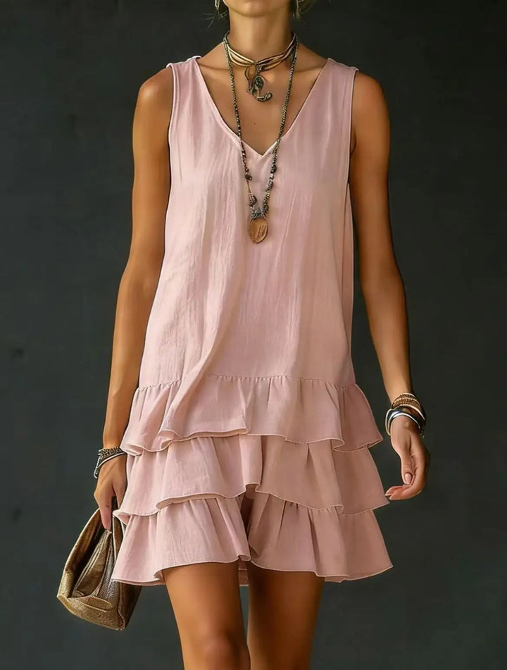 Women's tiered ruffle mini dress, sleeveless V-neck, perfect for summer casual or vacation.