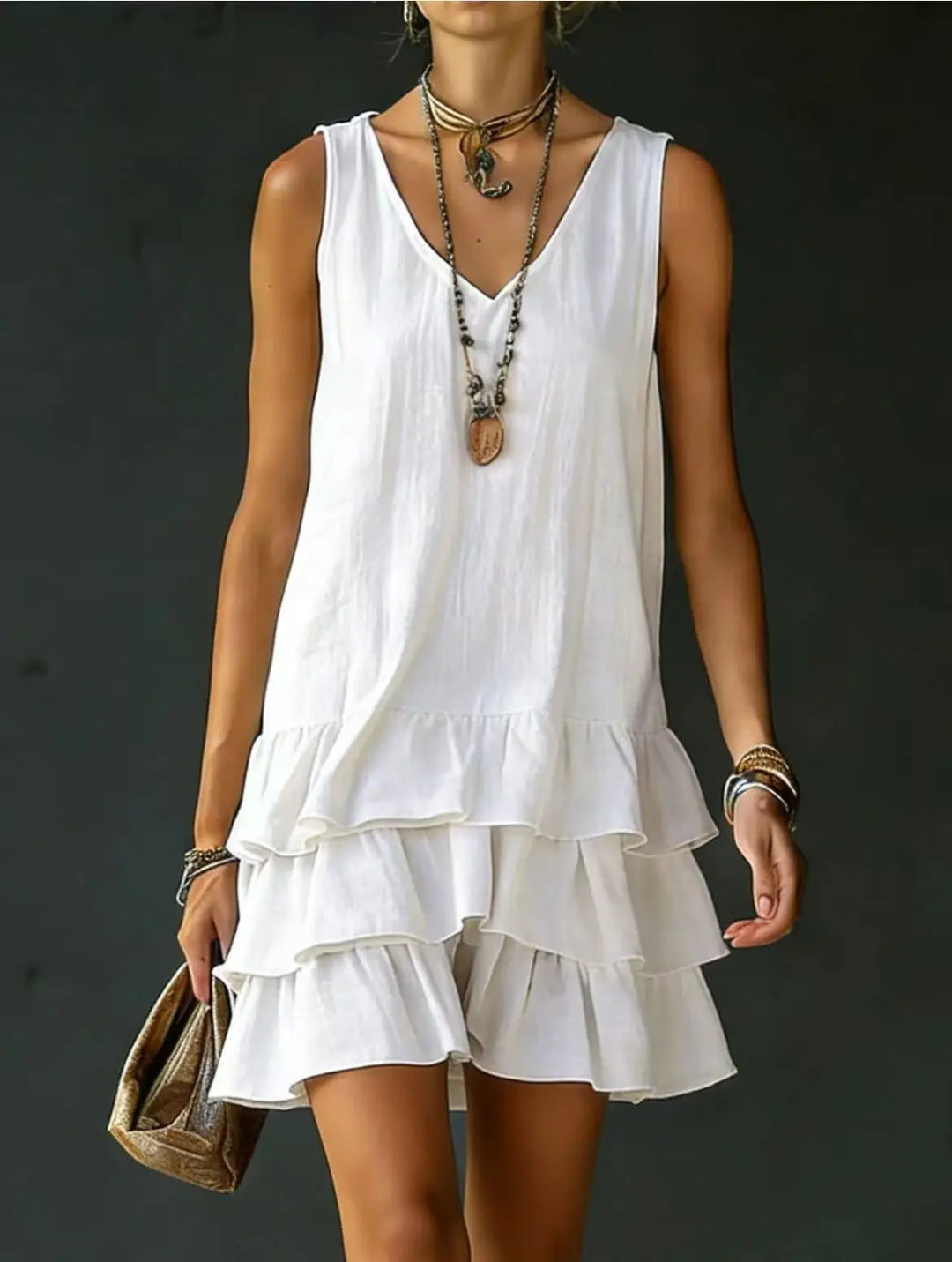 Flowy V-neck tiered mini dress for women, ideal as a casual summer or day dress.