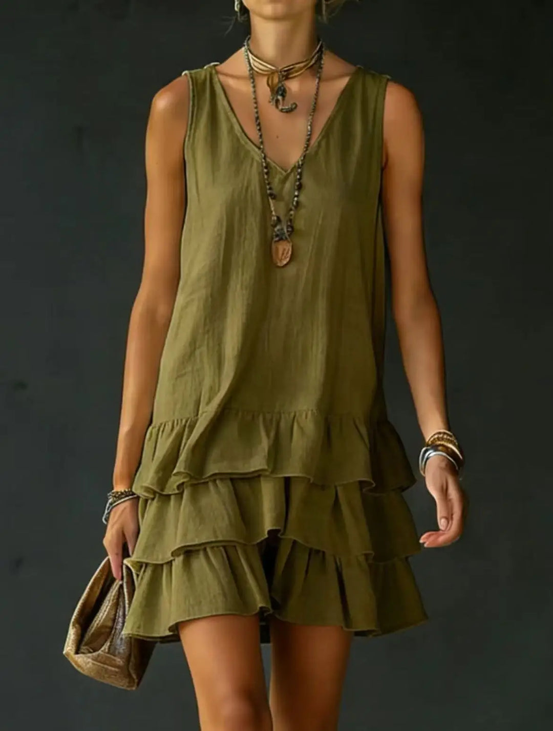 White sleeveless V-neck tiered mini dress, perfect as a women's summer vacation dress.