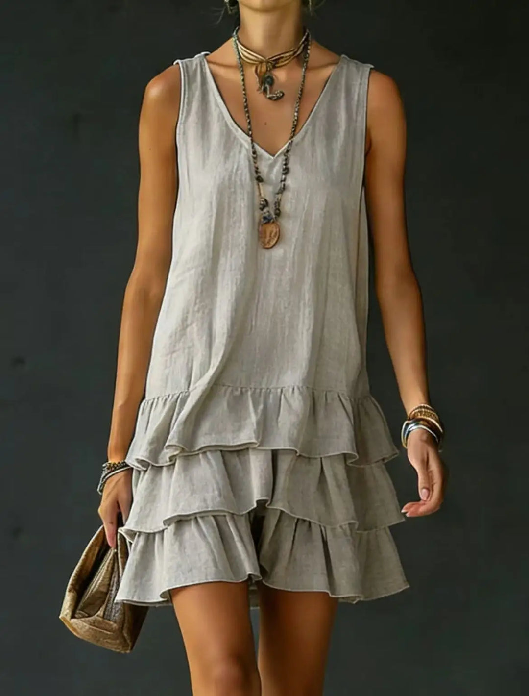 Comfortable women's tiered ruffle mini dress, sleeveless V-neck, flowy for casual wear.