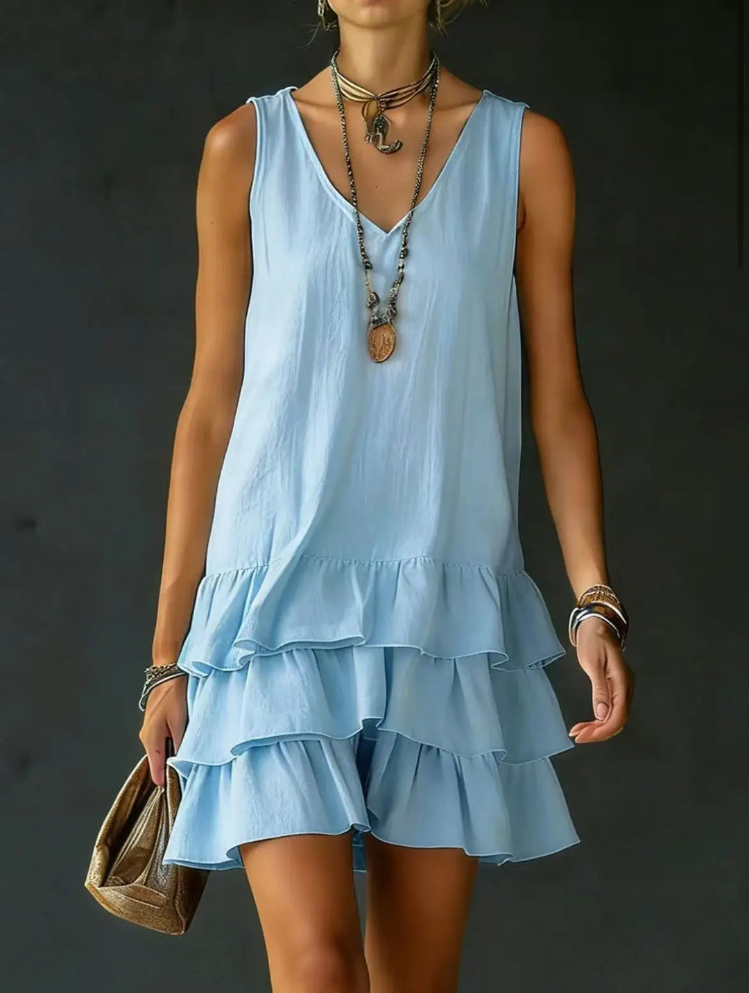 Stylish women's tiered ruffle mini dress with a sleeveless V-neck, great for summer days.