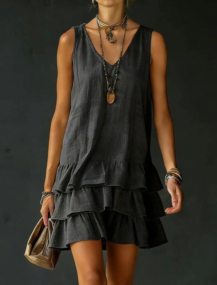 Yellow tiered ruffle mini dress, women's sleeveless V-neck, casual and chic summer vacation wear.