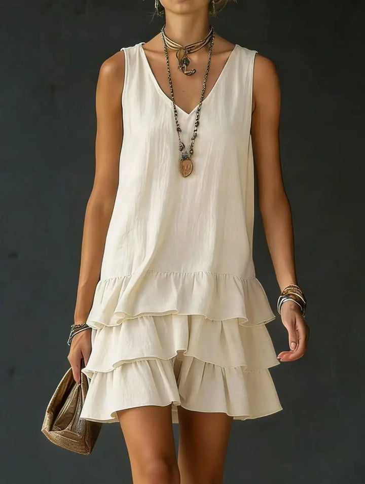 Versatile women's tiered ruffle mini dress, sleeveless V-neck, great for casual summer or day wear.