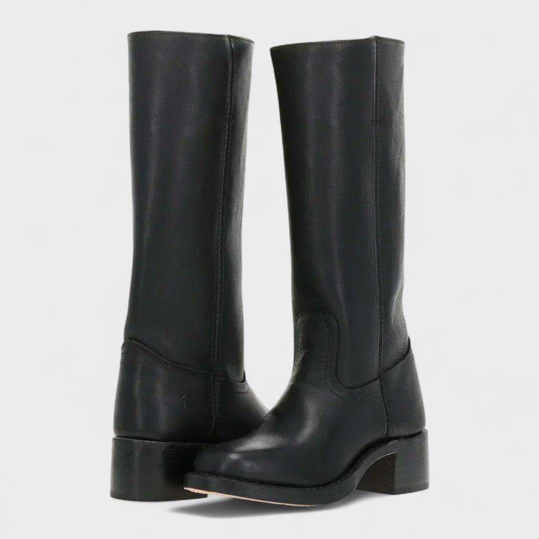 Comfortable timeless black women's equestrian boots, knee-high design with a sturdy block heel for versatile winter style.