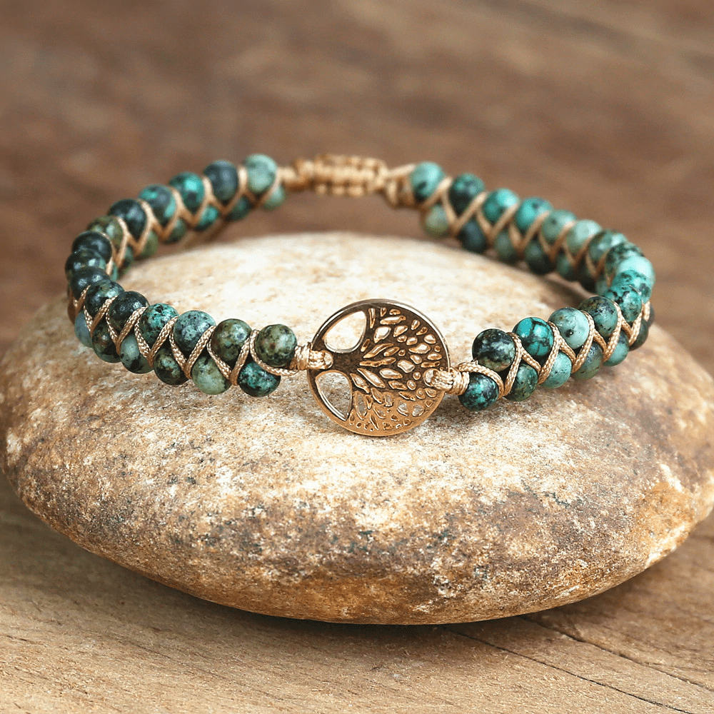 Handmade African Jasper gemstone bracelet with Tree of Life charm for women