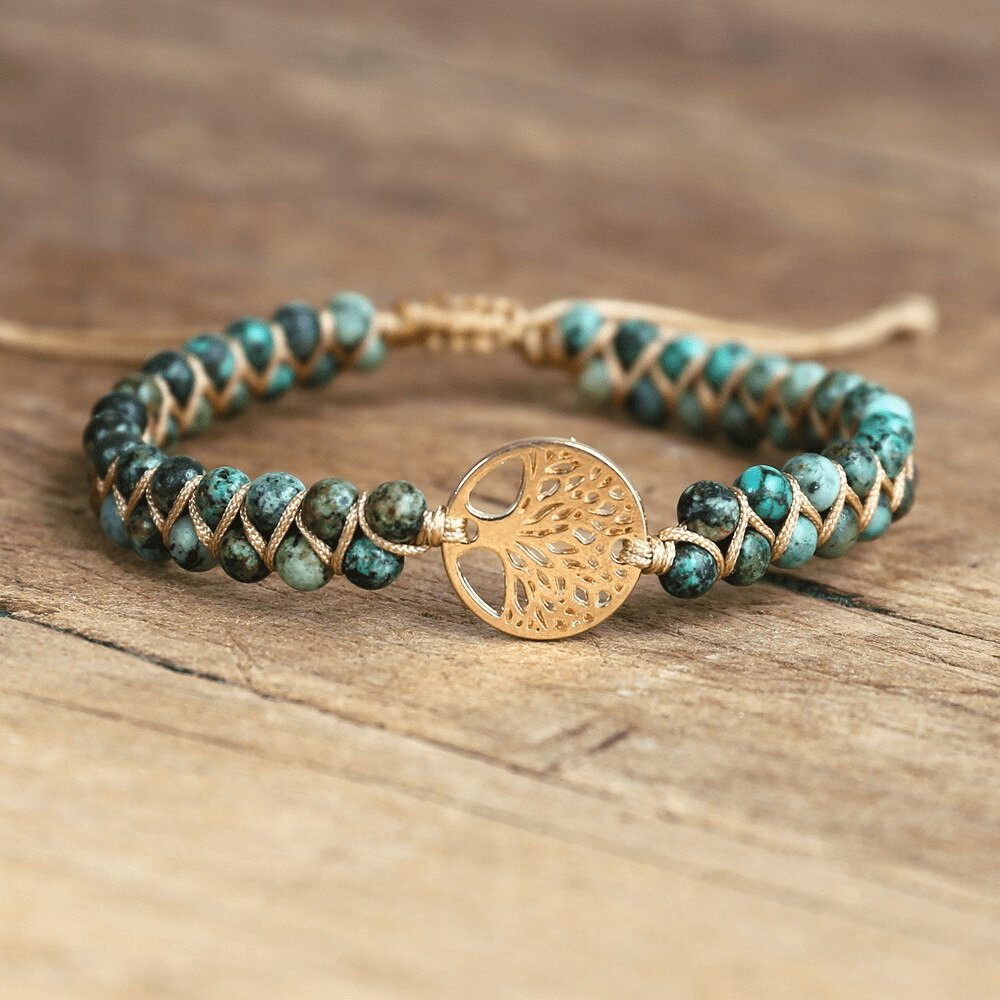 Boho women's bracelet featuring a Tree of Life pendant and natural African Jasper