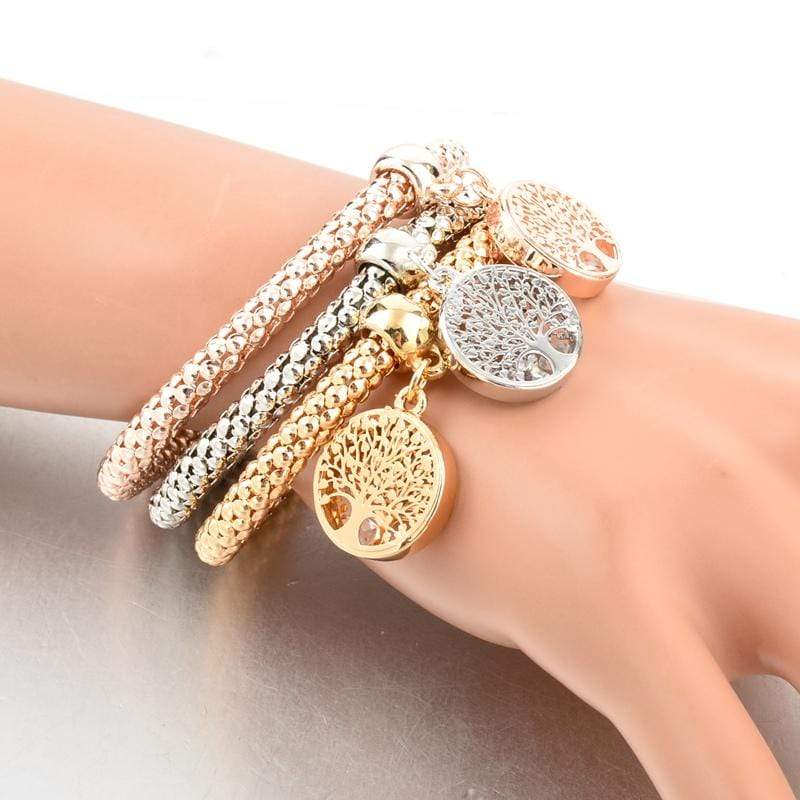 Women's Tree of Life bracelet set, 3-piece, gold plated charm, spiritual jewelry