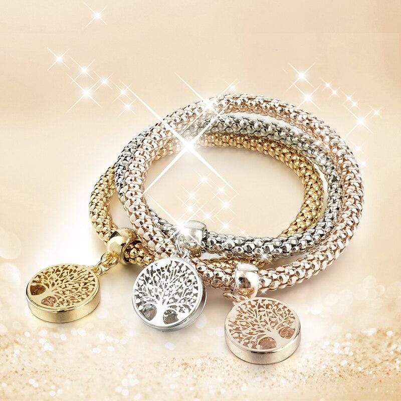 Elegant Tree of Life bracelet set, 3-piece, gold, silver, rose gold plated charms