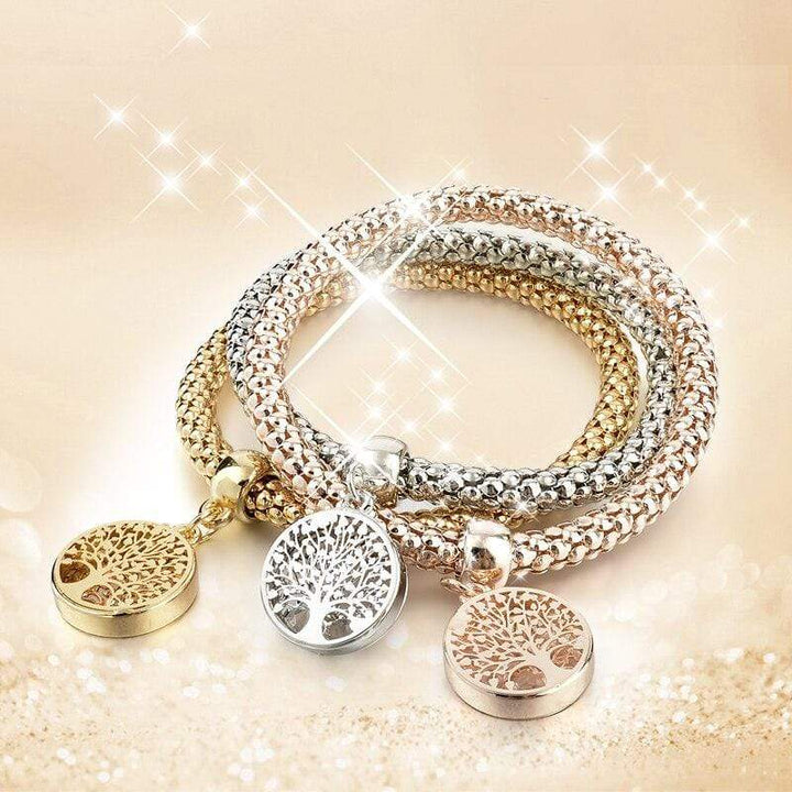 Elegant Tree of Life bracelet set, 3-piece, gold, silver, rose gold plated charms