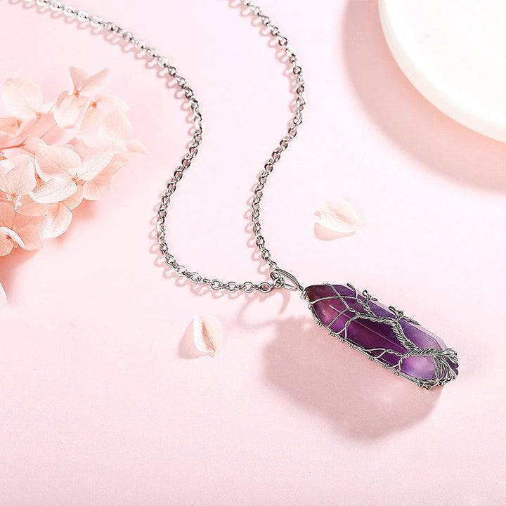 Women's spiritual jewelry: Tree of Life pendant, healing crystal, gemstone charm.