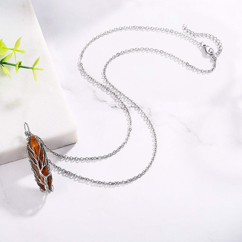 Women's adjustable spiritual Tree of Life necklace, crystal gemstone detail.