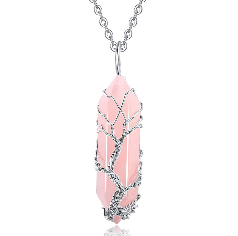 Healing crystal Tree of Life necklace, gemstone accent, elegant spiritual jewelry.