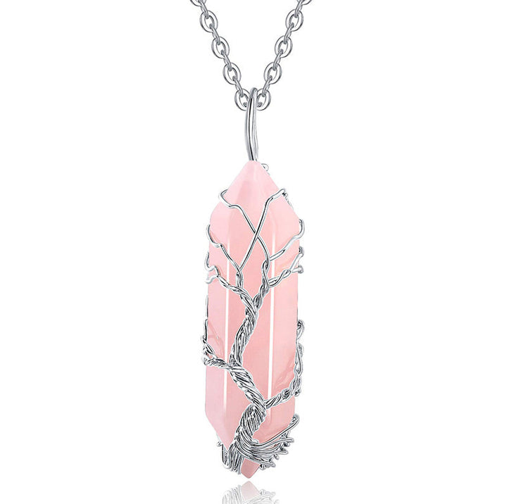 Healing crystal Tree of Life necklace, gemstone accent, elegant spiritual jewelry.