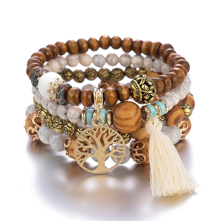 Women's Tree of Life pearl bracelet with wooden beads and copper accent, boho chic fashion accessory