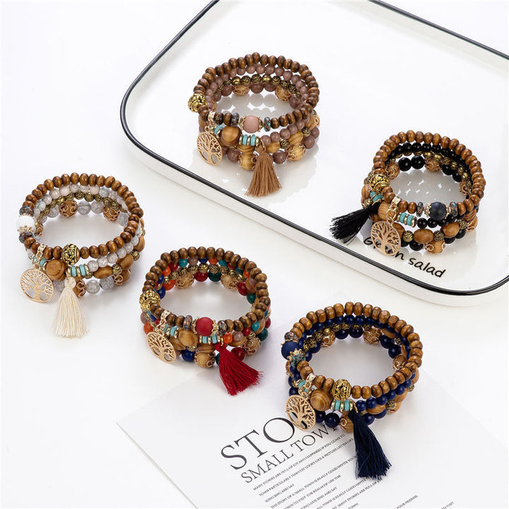 Elowen spiritual pearl bracelet for women, featuring a Tree of Life charm, wooden beads, and copper