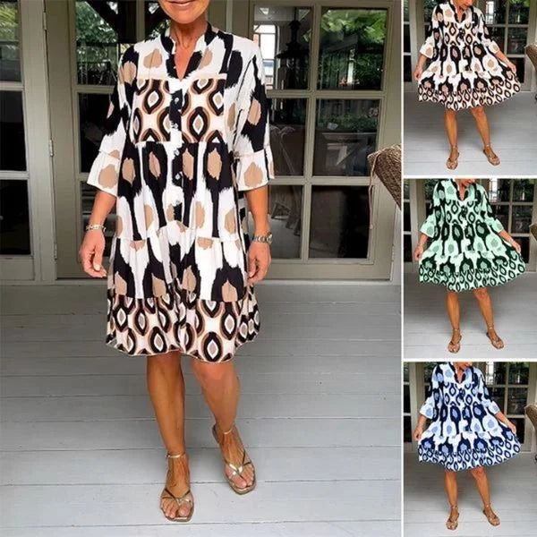 Trendy women's everyday dress with a unique abstract print, loose fit, and comfortable 3/4 sleeves.