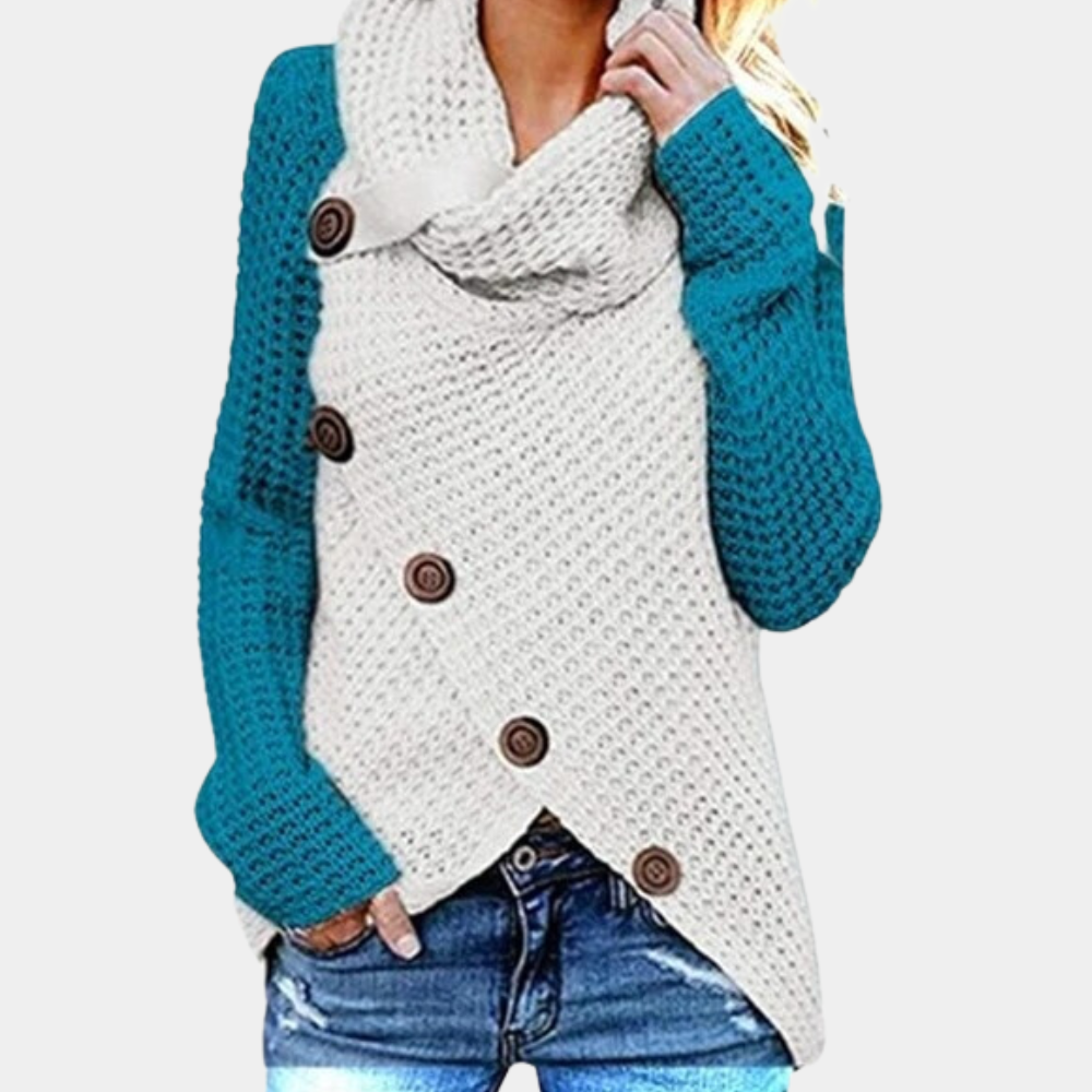 Unique asymmetrical knot sweater for women. Trendy long-sleeve top offering effortless chic and versatile style.