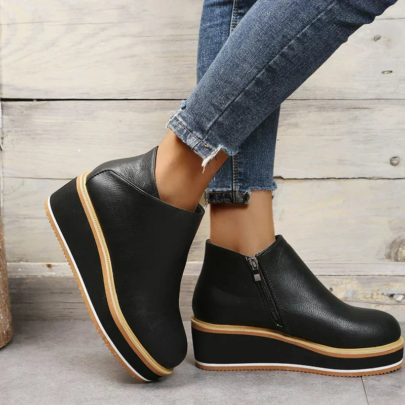 Women's dressy ankle boots: trendy platform sole, elegant zipper, great for special occasions.