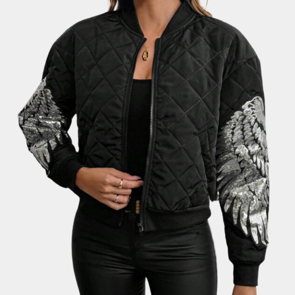 Women's trendy black bomber jacket with zip closure, perfect for casual spring & fall fashion.