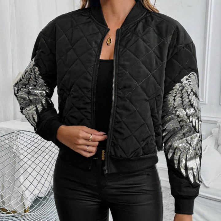 Model wearing a trendy black zip-up bomber jacket, showcasing its casual wear & versatile outerwear style.