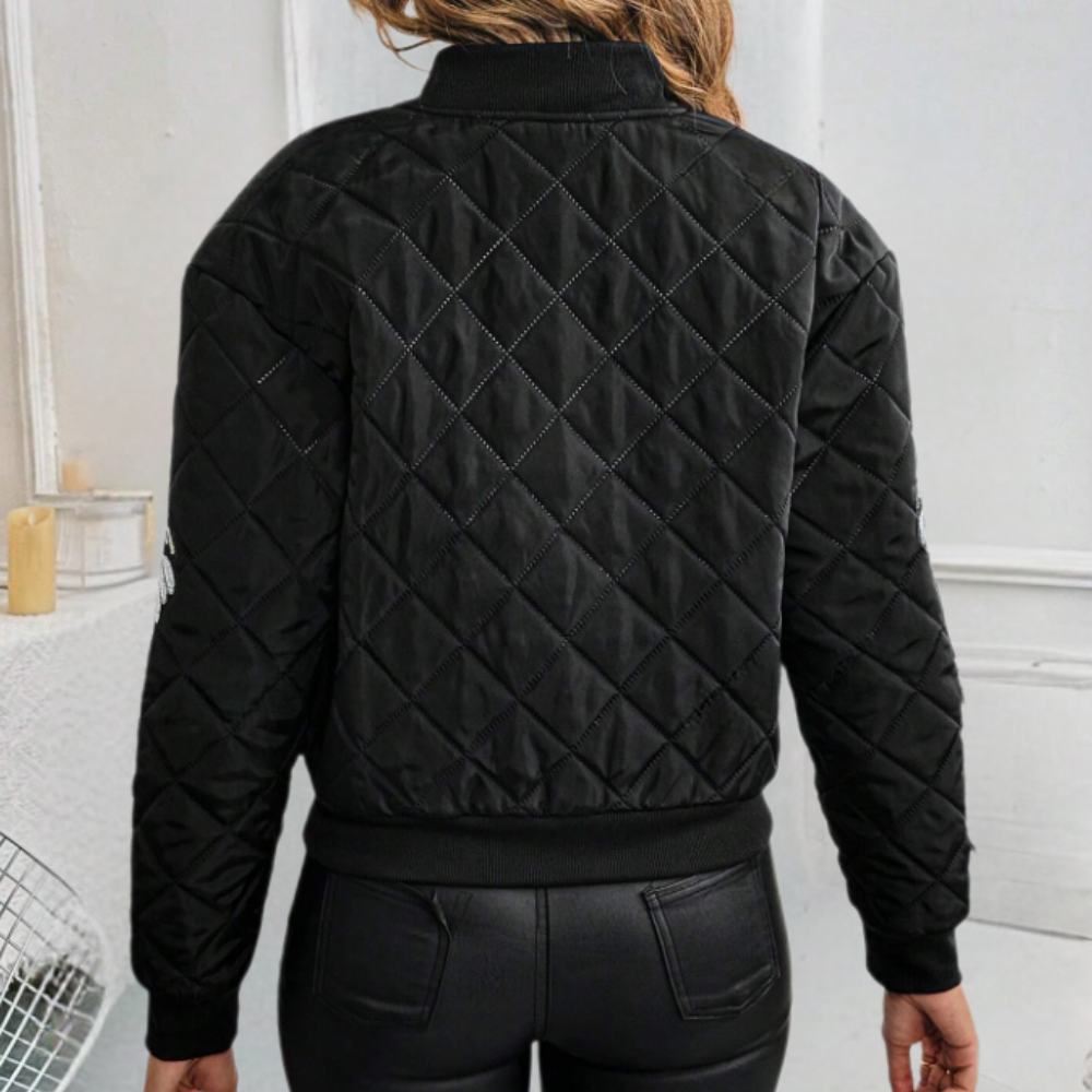 Rivka black bomber jacket for women, trendy zip-up outerwear, suitable for spring, fall, & layering fashion.