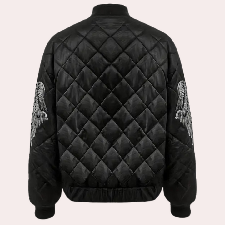 Casual black women's bomber jacket with front zip, a trendy outerwear piece for everyday style.